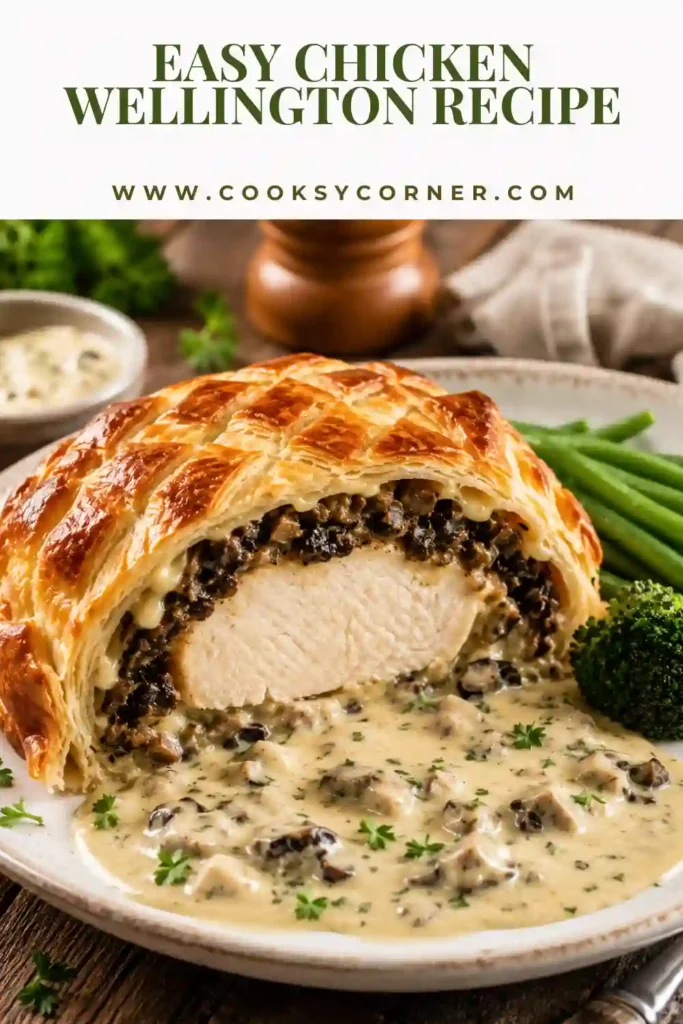 Homemade mushroom chicken Wellington baked until golden and flaky. The puff pastry chicken is sliced to reveal tender chicken and a rich mushroom and cheese filling.