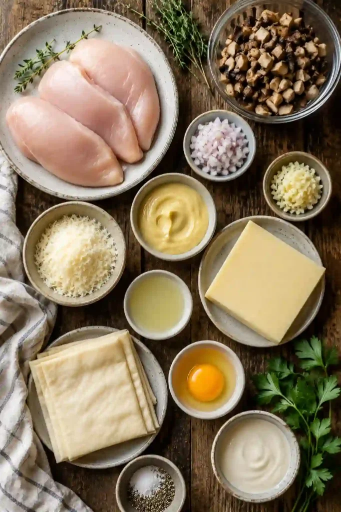 Sliced Chicken Wellington with flaky puff pastry, seasoned chicken breast, mushrooms, and caramelized onions. Creamy Parmesan sauce adds a rich finish to this elegant chicken dinner.