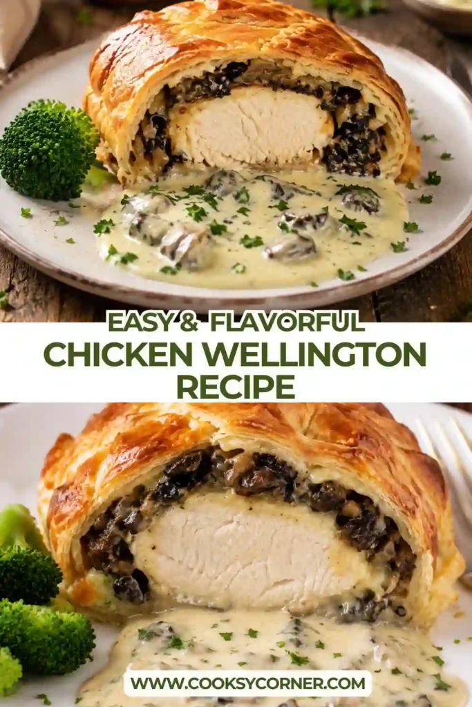 Chicken Wellington recipe featuring juicy chicken breast wrapped in crisp golden puff pastry with a savory mushroom filling. Parmesan cream sauce is served alongside the sliced chicken.