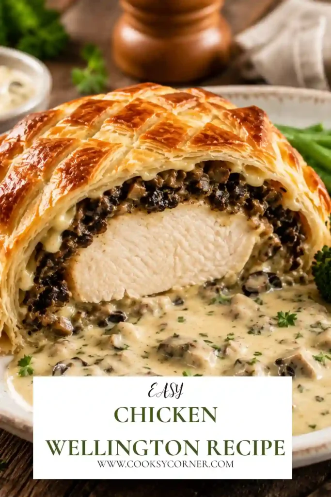 Golden Chicken Wellington filled with tender chicken, mushrooms, onions, and cheese inside flaky puff pastry. The sliced Wellington is served with creamy Parmesan sauce.