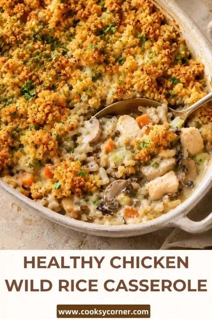 Homemade Chicken Wild Rice Casserole with juicy chicken pieces, nutty wild rice, vegetables, and creamy cheese sauce. A toasted panko and cheddar topping adds a golden crispy finish.