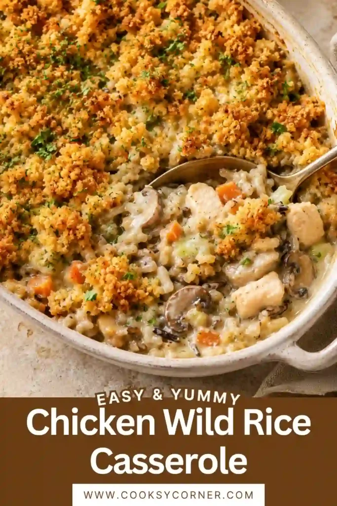 Creamy chicken and wild rice casserole topped with bubbling cheddar and crisp golden breadcrumbs. Mushrooms, carrots, celery, and tender chicken fill the hearty baked dinner.
