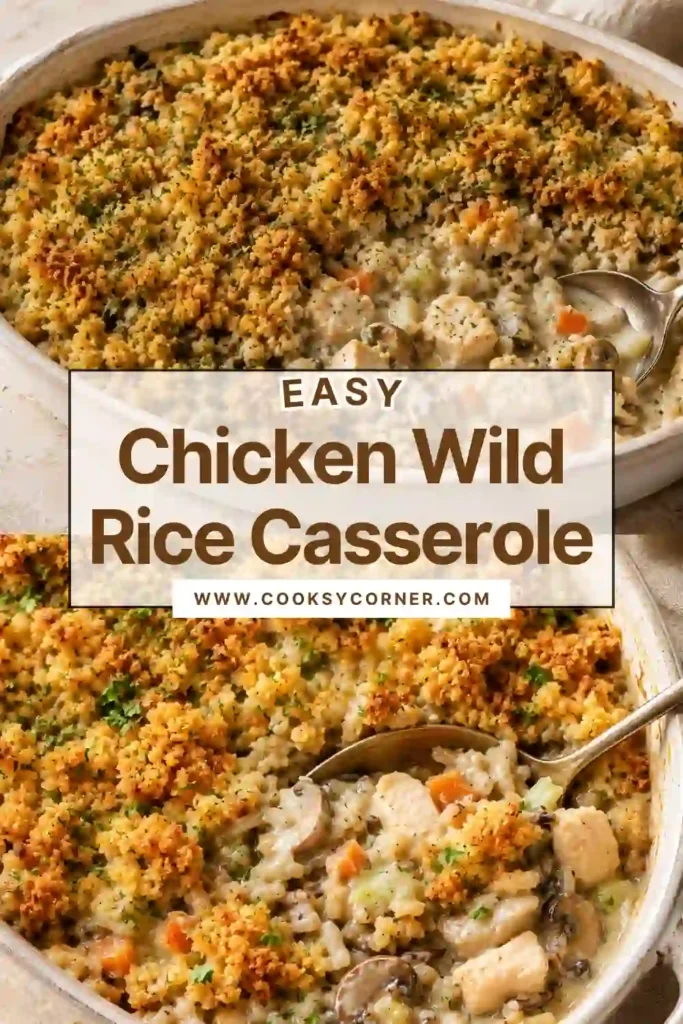 Chicken Wild Rice Casserole with tender chicken, wild rice, carrots, celery, and mushrooms in a creamy cheddar sauce. Golden panko breadcrumbs and melted cheese cover the baked casserole.
