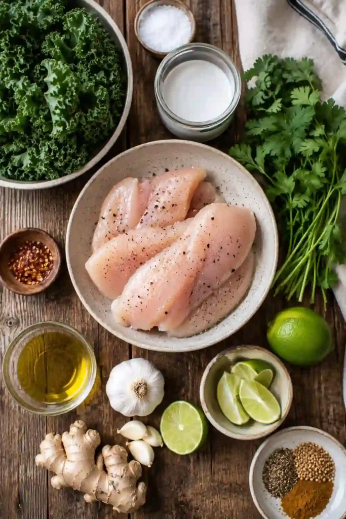 Golden chicken nestled in creamy coconut kale sauce with fresh cilantro garnish. A wholesome dinner packed with comforting flavors.