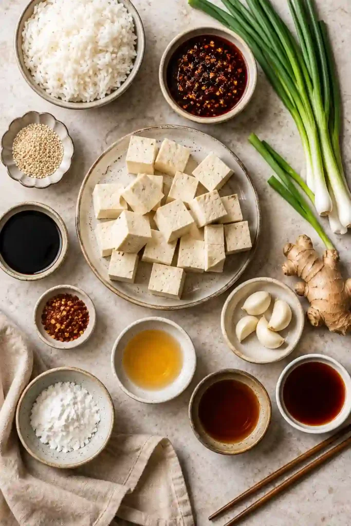 Homemade Chili Crunch Tofu baked until golden brown and served over steamed rice with spicy Yum Yum sauce. A healthy vegetarian meal with bold flavors and crispy texture.