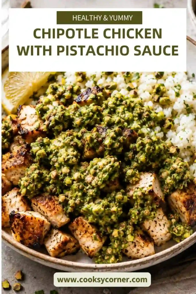 Freshly cooked chipotle chicken with vibrant cilantro pistachio sauce, garnished with lemon zest and herbs. A wholesome gluten-free chicken recipe full of bold flavor.
