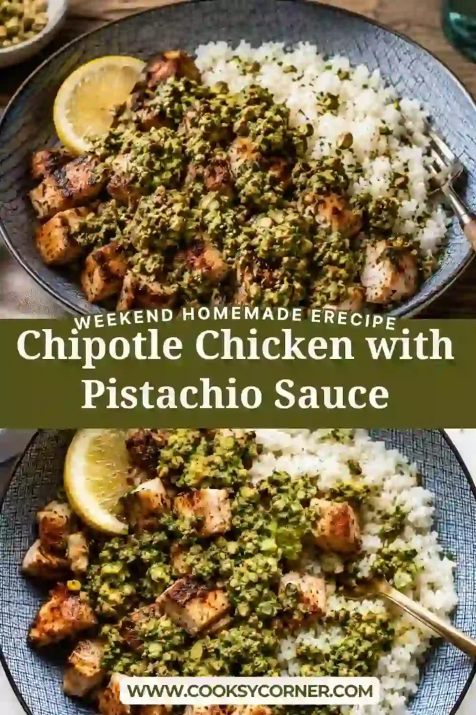 Juicy skillet-cooked chipotle chicken topped with creamy avocado pistachio sauce on a dinner plate with rice. A flavorful high-protein meal made in just 30 minutes.
