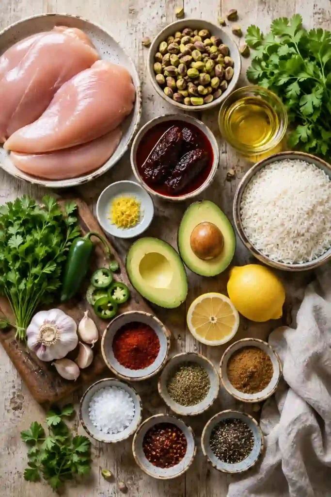 Golden-brown chipotle chicken thighs topped with chunky avocado pistachio sauce made with fresh cilantro, chives, and lemon. This colorful healthy chicken dinner is served fresh and ready to enjoy.