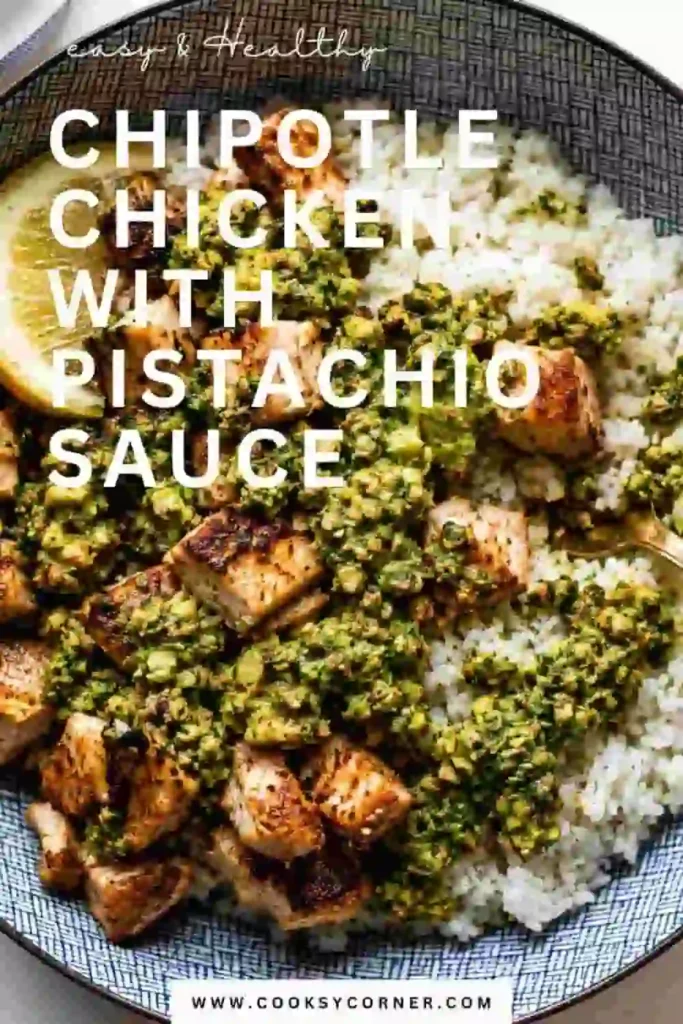 A close-up of smoky chipotle chicken served with chunky pistachio sauce featuring avocado, fresh herbs, and lemon zest. Perfect for an easy weeknight chicken recipe.