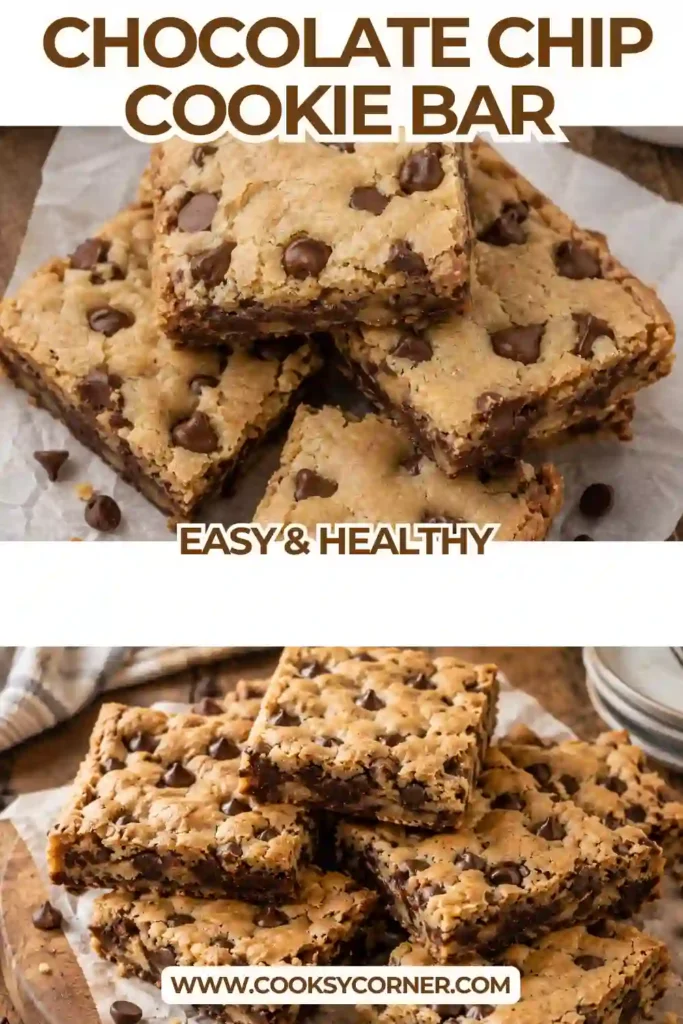 Close-up of freshly baked Chocolate Chip Cookie Bars with gooey chocolate chips and a soft chewy center.