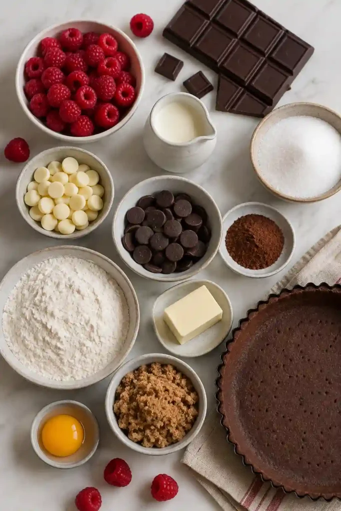 Homemade chocolate ganache tart decorated with fresh raspberries and confectioners' sugar. This easy chocolate tart has a dark Oreo crust and smooth, rich filling.