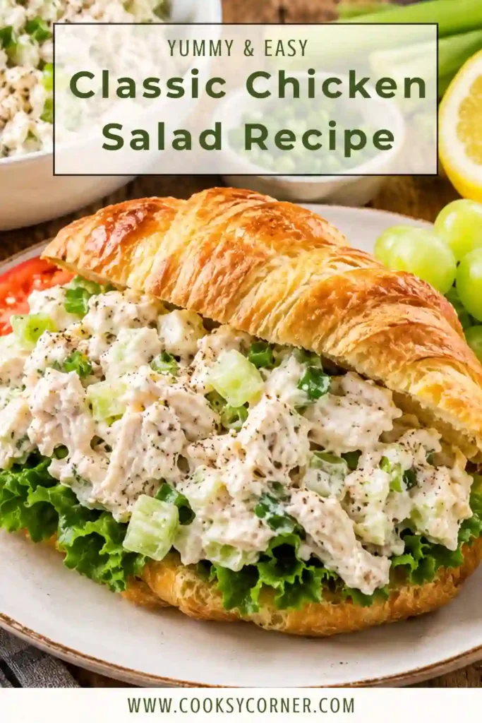 Homemade chicken salad prepared with cooked chicken, creamy dressing, diced celery, green onion, and dill. This simple chicken salad recipe makes an easy lunch or sandwich filling.