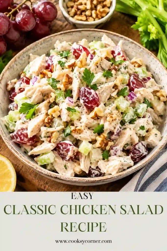 Classic Chicken Salad Recipe made with tender chopped chicken, creamy mayonnaise, crisp celery, and green onion. The homemade chicken salad is served chilled with fresh dill.