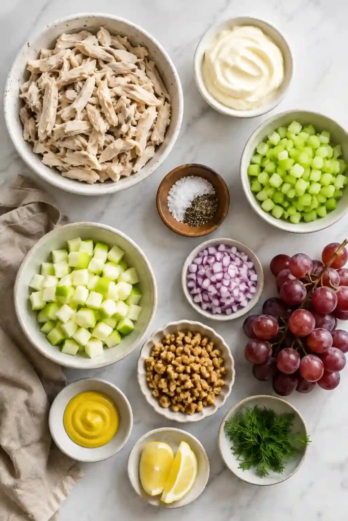 Classic creamy chicken salad served fresh and ready for lunch. Tender chicken, mayonnaise, crunchy celery, Dijon mustard, and dill create an easy homemade chicken salad.