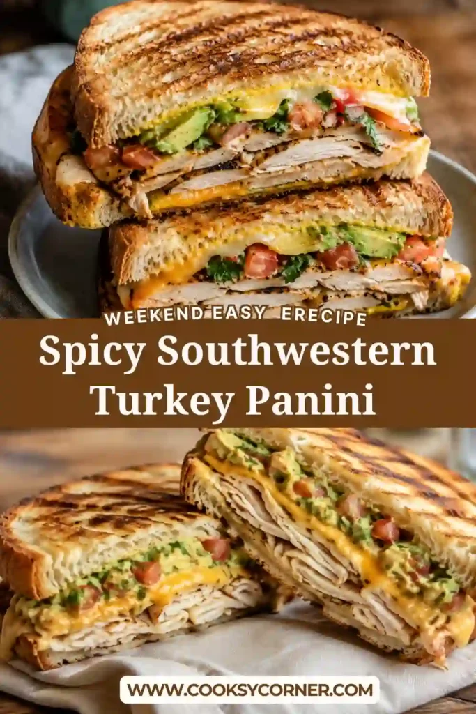 Southwestern turkey panini sliced in half to reveal layers of turkey, melted cheese, avocado, and tomato. The grilled sourdough is golden and crispy with visible panini marks.