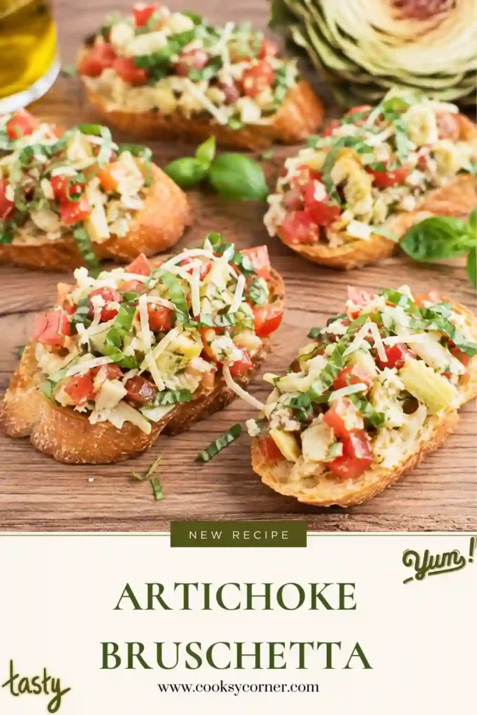 Artichoke Bruschetta topped with creamy artichoke hearts, Parmesan, and melted mozzarella on crisp baguette slices. The cheesy appetizer is broiled until bubbly and lightly golden.