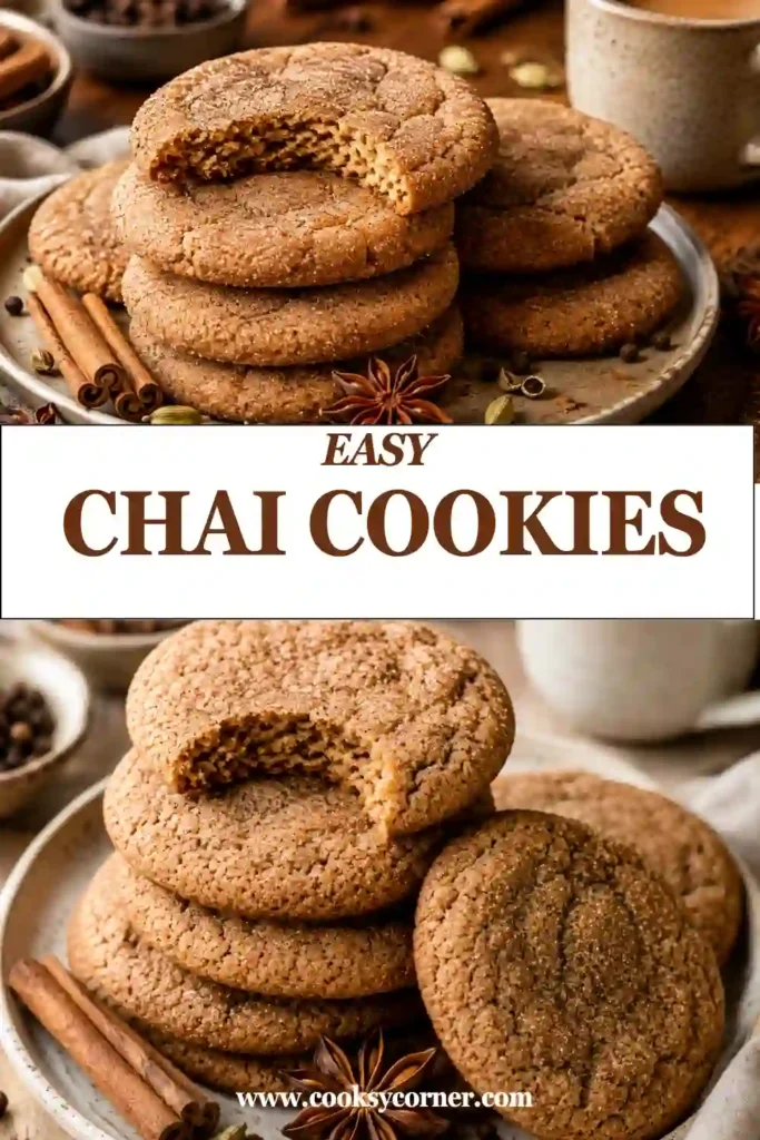 Soft brown butter Chai Cookies with crinkled tops and a fragrant spiced sugar coating. These homemade chai cookies are flavored with cinnamon, cardamom, ginger, nutmeg, allspice, and cloves.