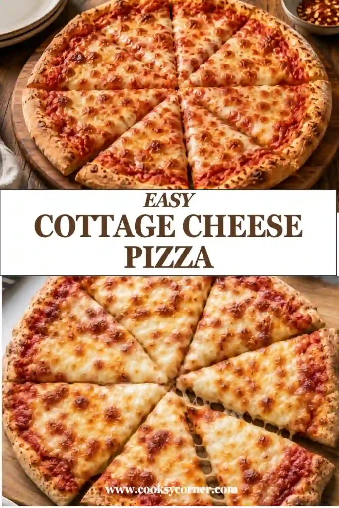 Close-up of sliced Cottage Cheese Pizza topped with bubbly mozzarella and Parmesan on a crispy homemade crust. A quick, healthy pizza recipe perfect for family dinners.