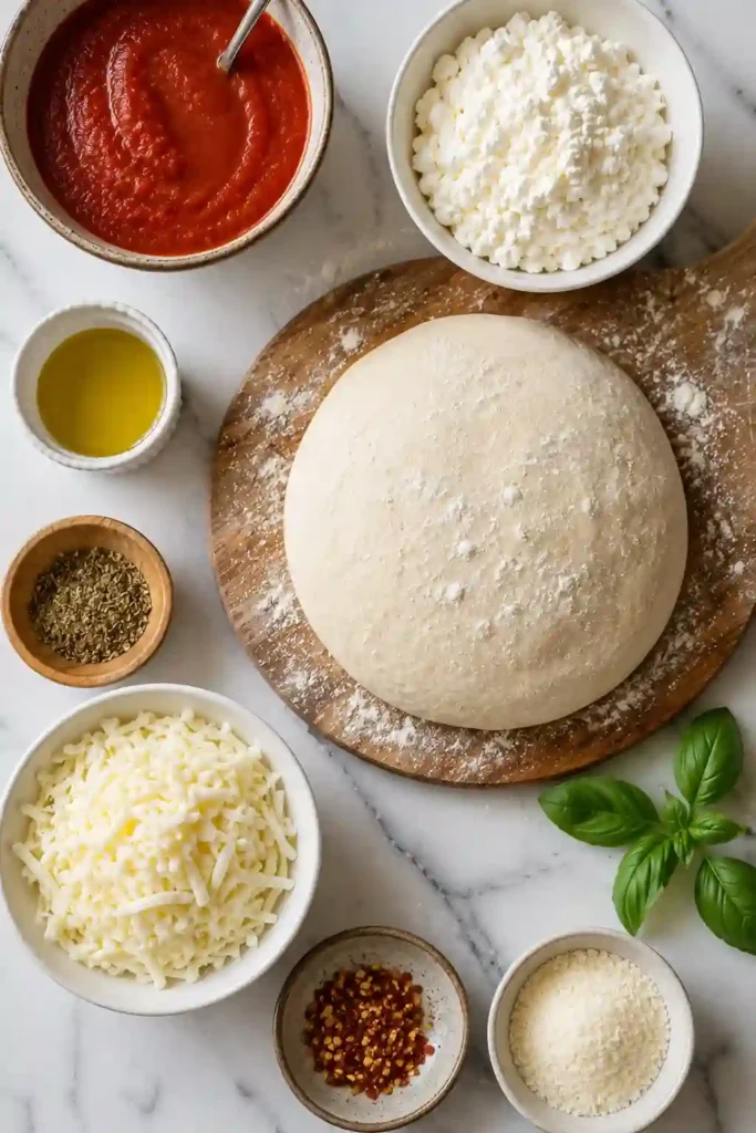 A freshly baked Cottage Cheese Pizza featuring a yeast-free protein pizza dough, melted cheese, and savory tomato sauce. Perfect for weeknight meals and meal prep.