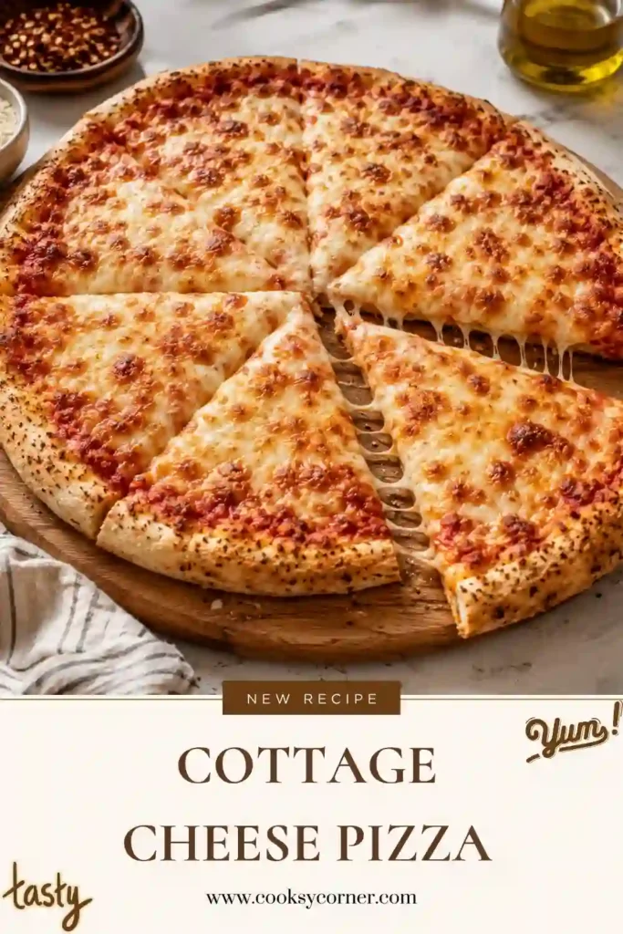 Freshly baked Cottage Cheese Pizza with a golden homemade crust, rich tomato sauce, melted mozzarella, and Parmesan cheese. This high-protein pizza has crispy edges and a soft, flavorful center.