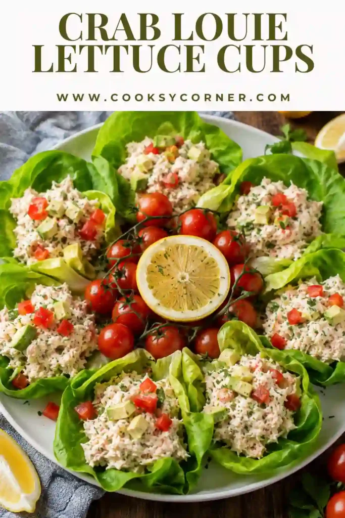 Close-up of Crab Louie Lettuce Cups filled with lump crab and topped with fresh vegetables.