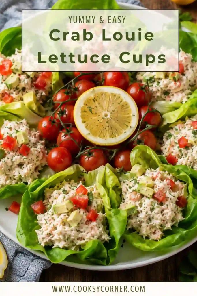 A platter of Crab Louie Lettuce Cups garnished with parsley, avocado, and cherry tomatoes.