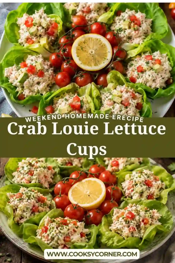 Fresh Crab Louie Lettuce Cups filled with creamy lump crab salad and topped with diced avocado and cherry tomatoes in crisp butter lettuce leaves.
