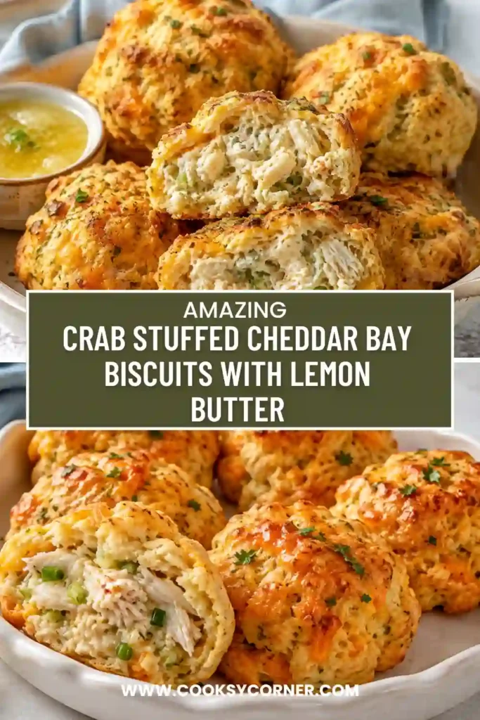 Homemade cheddar crab biscuits with a tender golden exterior and creamy crab filling visible inside. Melted lemon butter, garlic, and parsley add a glossy savory finish.