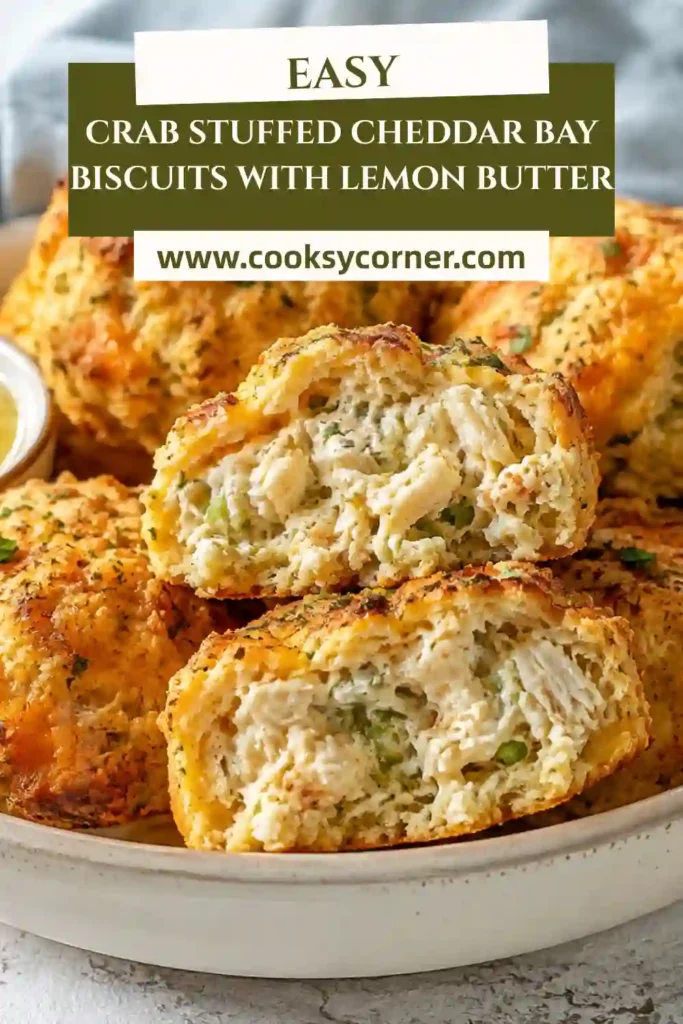 Golden crab stuffed biscuits filled with lump crab meat, cream cheese, and savory seafood seasoning. The cheddar biscuits are brushed with fresh lemon garlic butter and sprinkled with parsley.