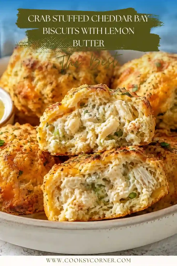 Crab Stuffed Cheddar Bay Biscuits with Lemon Butter featuring golden cheddar biscuit dough filled with creamy seasoned crab. Fresh parsley and glossy lemon garlic butter finish the warm biscuits.