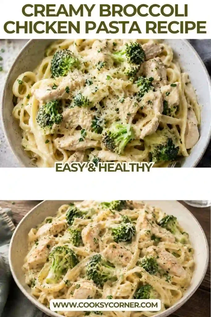 Creamy Broccoli Chicken Pasta served with freshly grated Parmesan cheese and chopped parsley. The rich homemade cream sauce perfectly coats every bite of chicken, broccoli, and pasta.