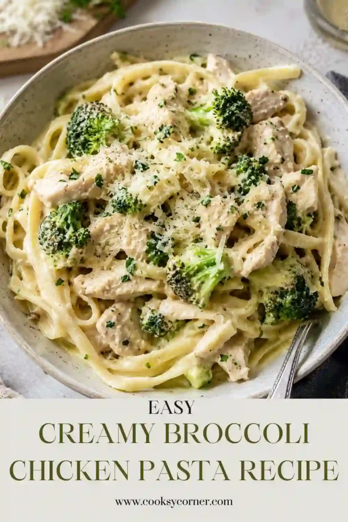 A bowl of Creamy Broccoli Chicken Pasta made with tender chicken pieces, fresh broccoli florets, and pasta coated in a creamy garlic Parmesan sauce. This comforting pasta recipe is perfect for a quick family dinner.