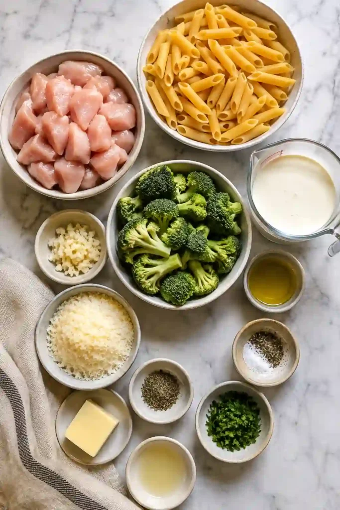 Freshly prepared Creamy Broccoli Chicken Pasta in a serving bowl with garlic, Parmesan, broccoli, and perfectly cooked pasta. This easy chicken pasta recipe is creamy, hearty, and satisfying.