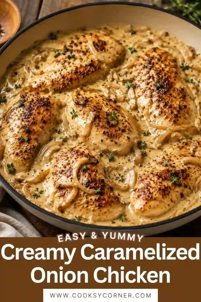 Juicy chicken breasts served in a creamy caramelized onion sauce with Parmesan and herbs. This caramelized onion chicken is a flavorful skillet meal that pairs beautifully with rice or mashed potatoes.