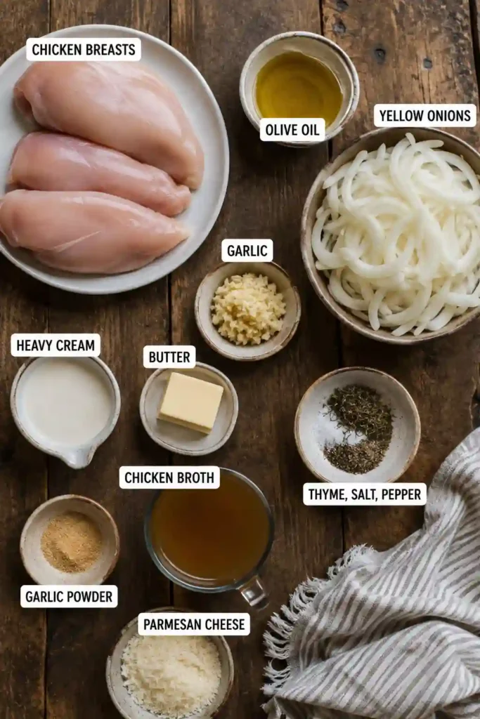Close-up of Creamy Caramelized Onion Chicken with golden onions and a smooth savory cream sauce. The tender seasoned chicken is coated with a rich caramelized onion cream sauce.