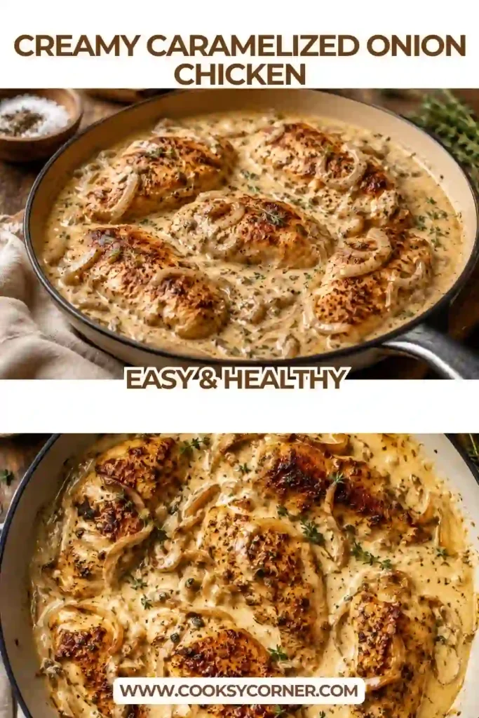 Creamy Caramelized Onion Chicken topped with sweet caramelized onions and silky Parmesan cream sauce. The golden chicken and savory sauce create a rich and cozy easy chicken dinner.
