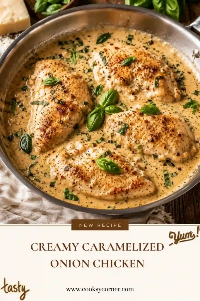 Creamy Caramelized Onion Chicken served in a skillet with tender chicken breasts covered in golden onions and rich cream sauce. This creamy chicken skillet makes a comforting family-style dinner.