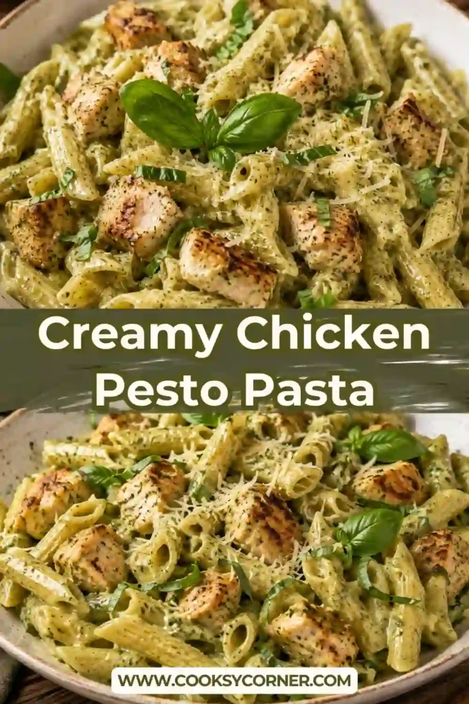 Chicken pesto pasta served with juicy seasoned chicken, creamy pesto sauce, fresh basil, and Parmesan cheese. Tender penne captures the rich homemade sauce in every bite.