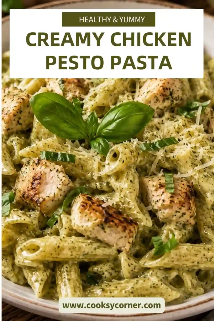 Chicken pesto pasta served with juicy seasoned chicken, creamy pesto sauce, fresh basil, and Parmesan cheese. Tender penne captures the rich homemade sauce in every bite.