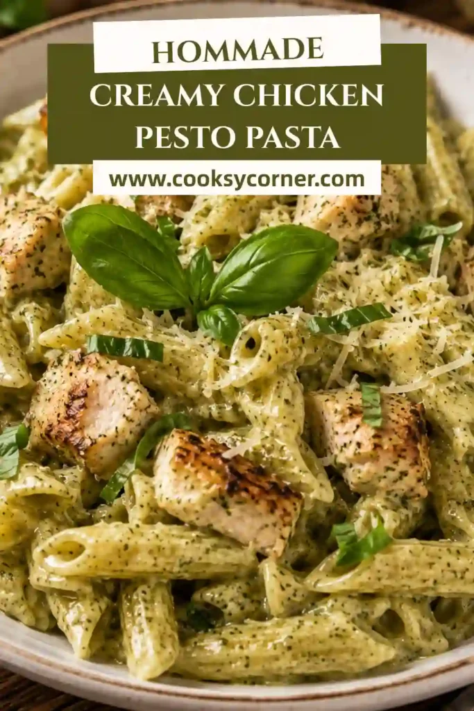 Creamy pesto chicken pasta featuring bite-sized chicken, penne, basil pesto, Parmesan, and mozzarella. The pasta is coated in a smooth, cheesy green pesto cream sauce.