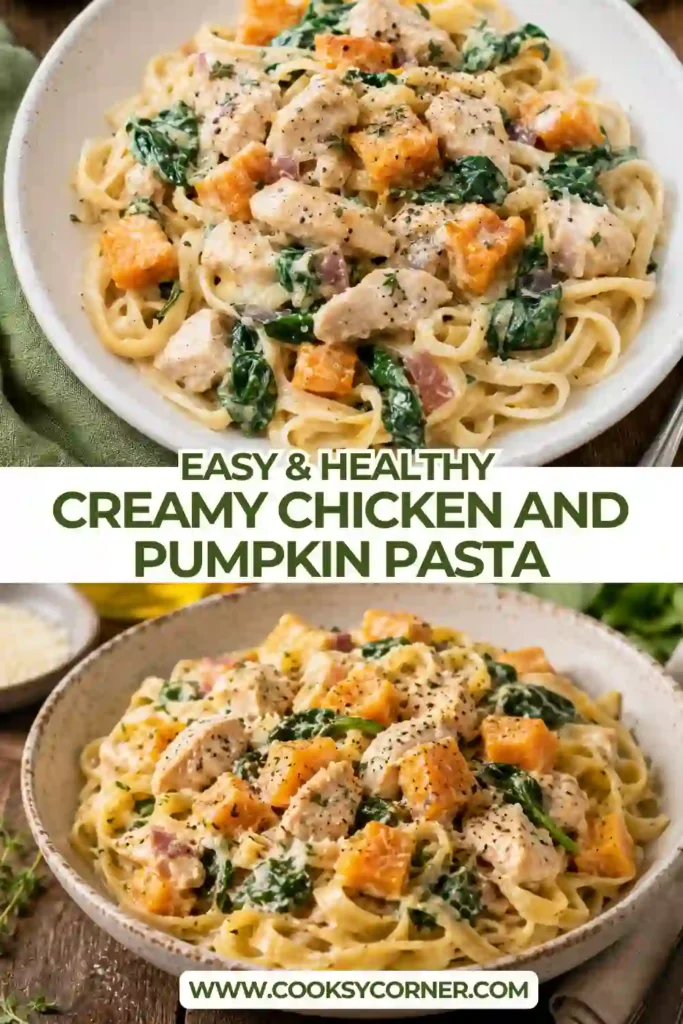 Creamy Chicken and Pumpkin Pasta with tender chicken, roasted pumpkin, mushrooms, spinach, and fettuccine. The pasta is coated in a rich, savory cream sauce with fresh parsley.