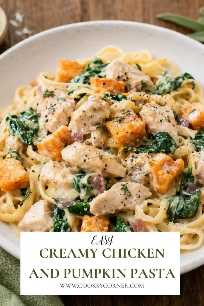 Creamy pumpkin pasta with sliced chicken breast, roasted pumpkin, mushrooms, spinach, and fresh herbs. Tender fettuccine carries the rich and savory pumpkin cream sauce.