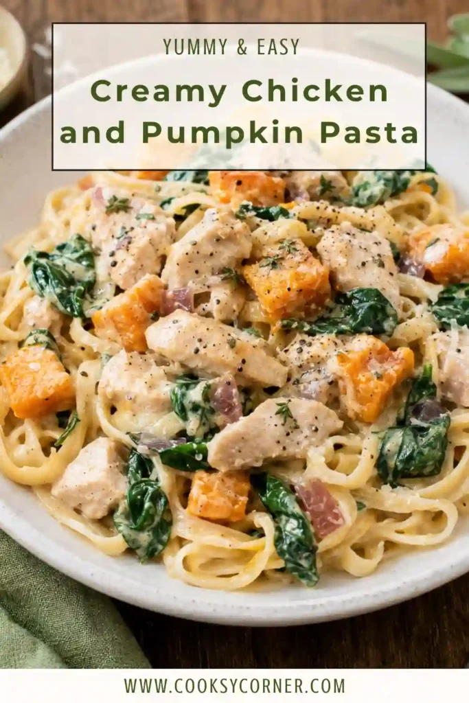 A bowl of Creamy Chicken and Pumpkin Pasta featuring golden chicken, roasted pumpkin pieces, baby spinach, and mushrooms. Fettuccine is coated in a silky garlic cream sauce.
