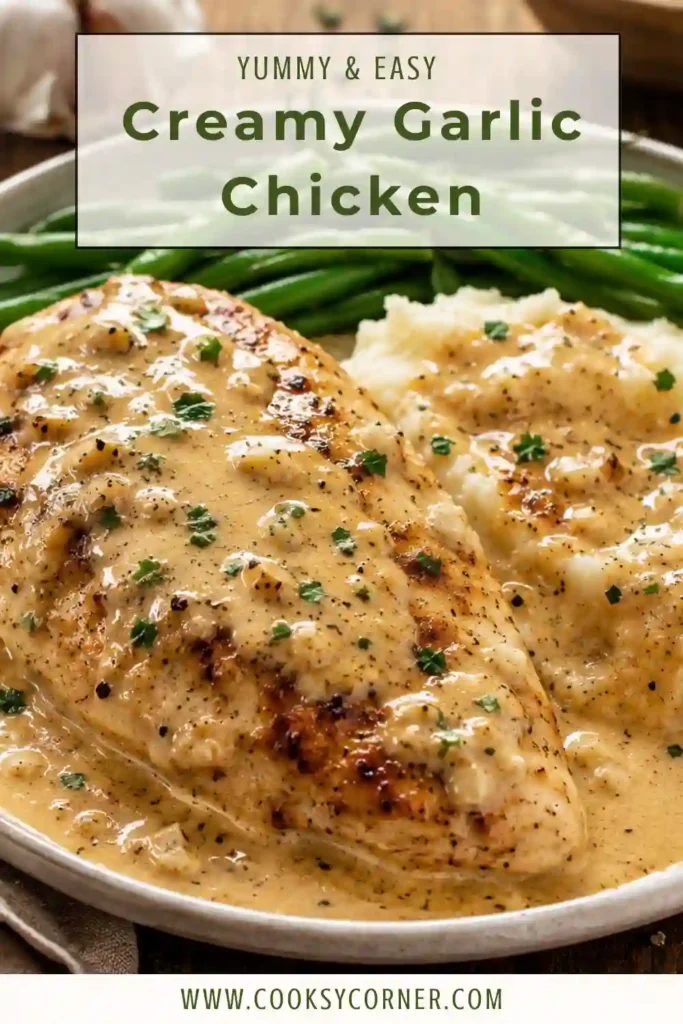 Creamy Garlic Chicken served in a skillet with tender golden chicken and a rich garlic Parmesan cream sauce. Whole garlic cloves and fresh parsley add color and savory flavor.