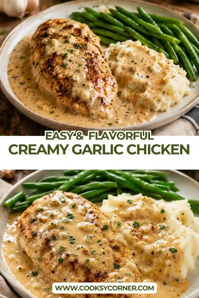 Garlic Parmesan chicken featuring golden chicken cutlets in a creamy sauce with tender whole garlic cloves. A simple creamy chicken skillet served hot for dinner.