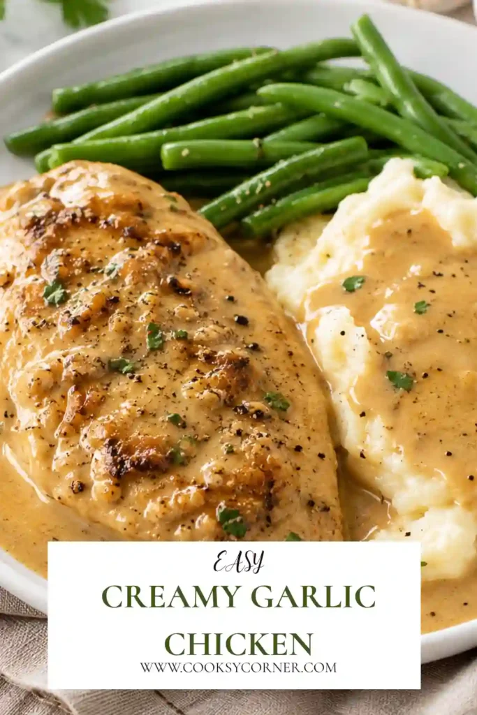 Homemade Creamy Garlic Chicken with pan-seared chicken breasts covered in smooth Parmesan garlic sauce. This easy chicken dinner is rich, creamy, and comforting.