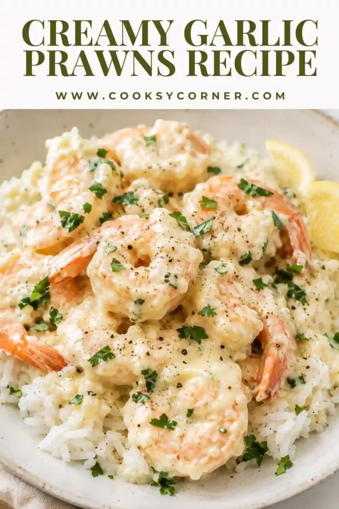 Homemade Creamy Garlic Prawns served with fluffy rice and chopped parsley for an elegant seafood dinner.