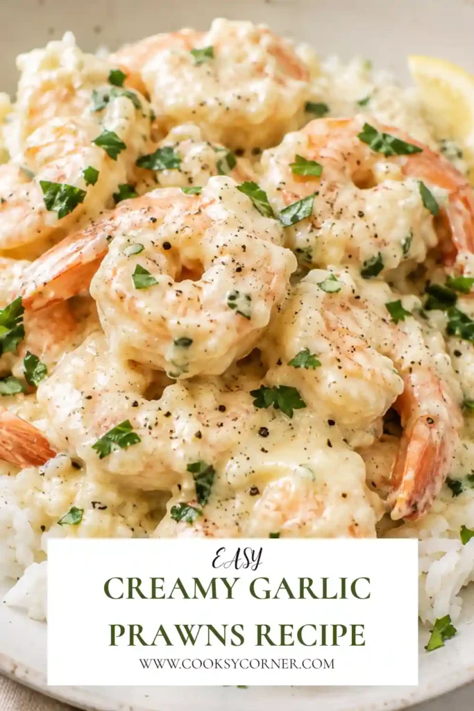 Tender prawns simmered in a creamy garlic sauce with Dijon mustard and fresh herbs in a skillet.