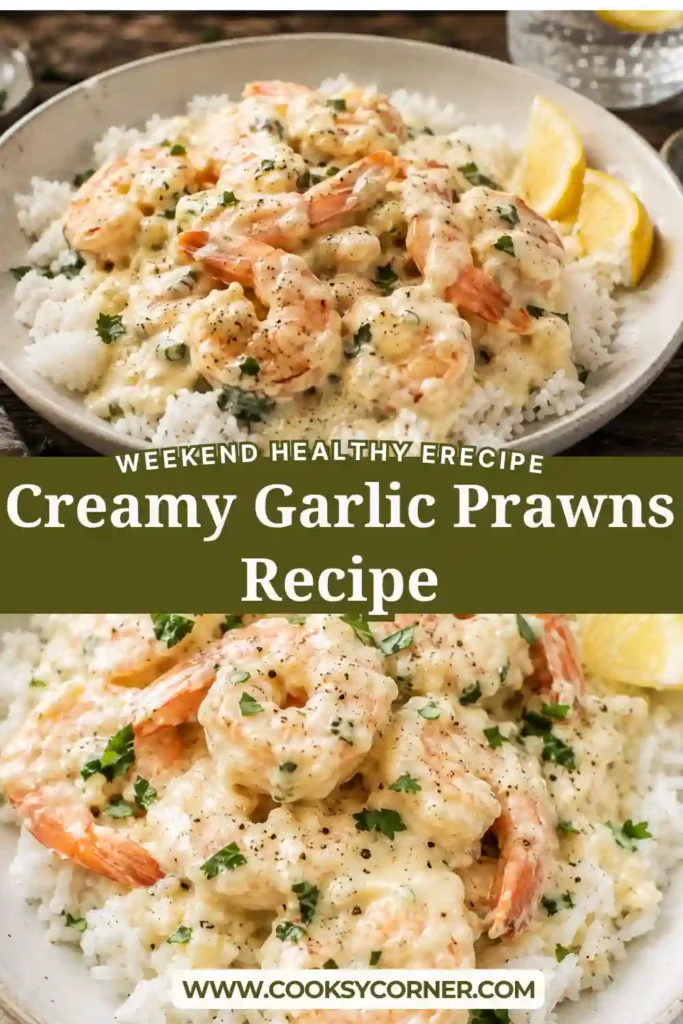 A bowl of Creamy Garlic Prawns served over steamed rice with a rich garlic cream sauce and fresh parsley garnish.