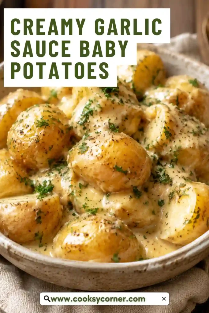 Creamy baby potatoes served in a skillet with garlic, Parmesan cheese, and chopped parsley. The thick garlic cream sauce coats each tender potato.